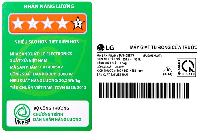 Máy giặt LG Lồng ngang AI DD Inverter 8.5 kg FV1408S4V